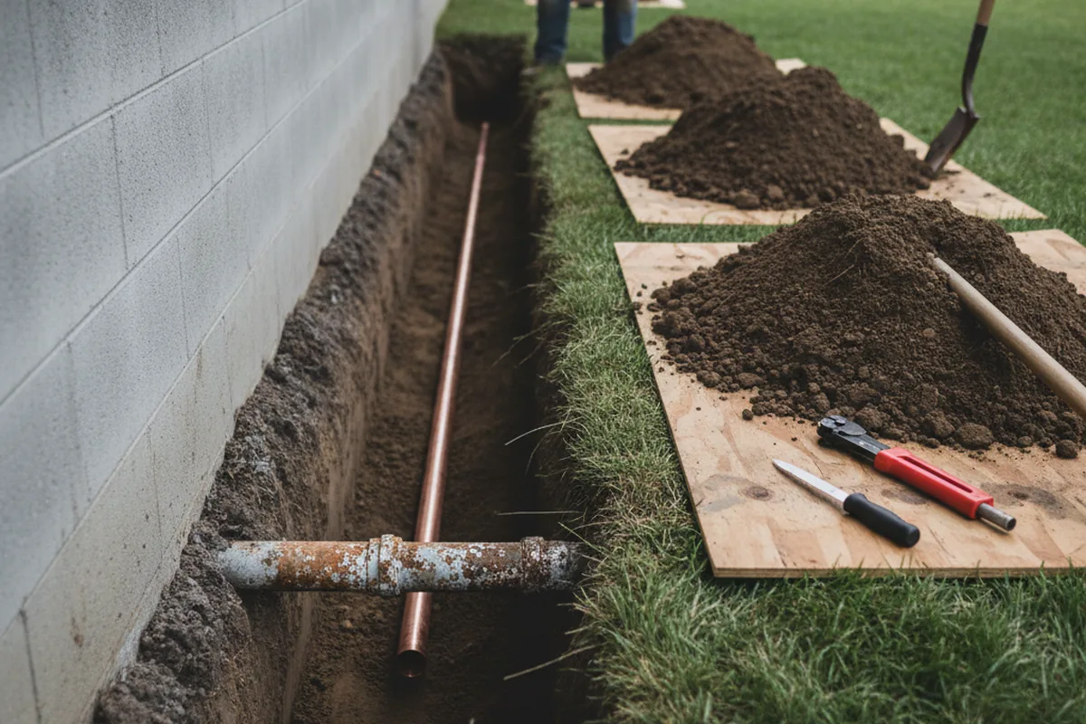Excavated water line trench during Water Softener Installation in Ionia